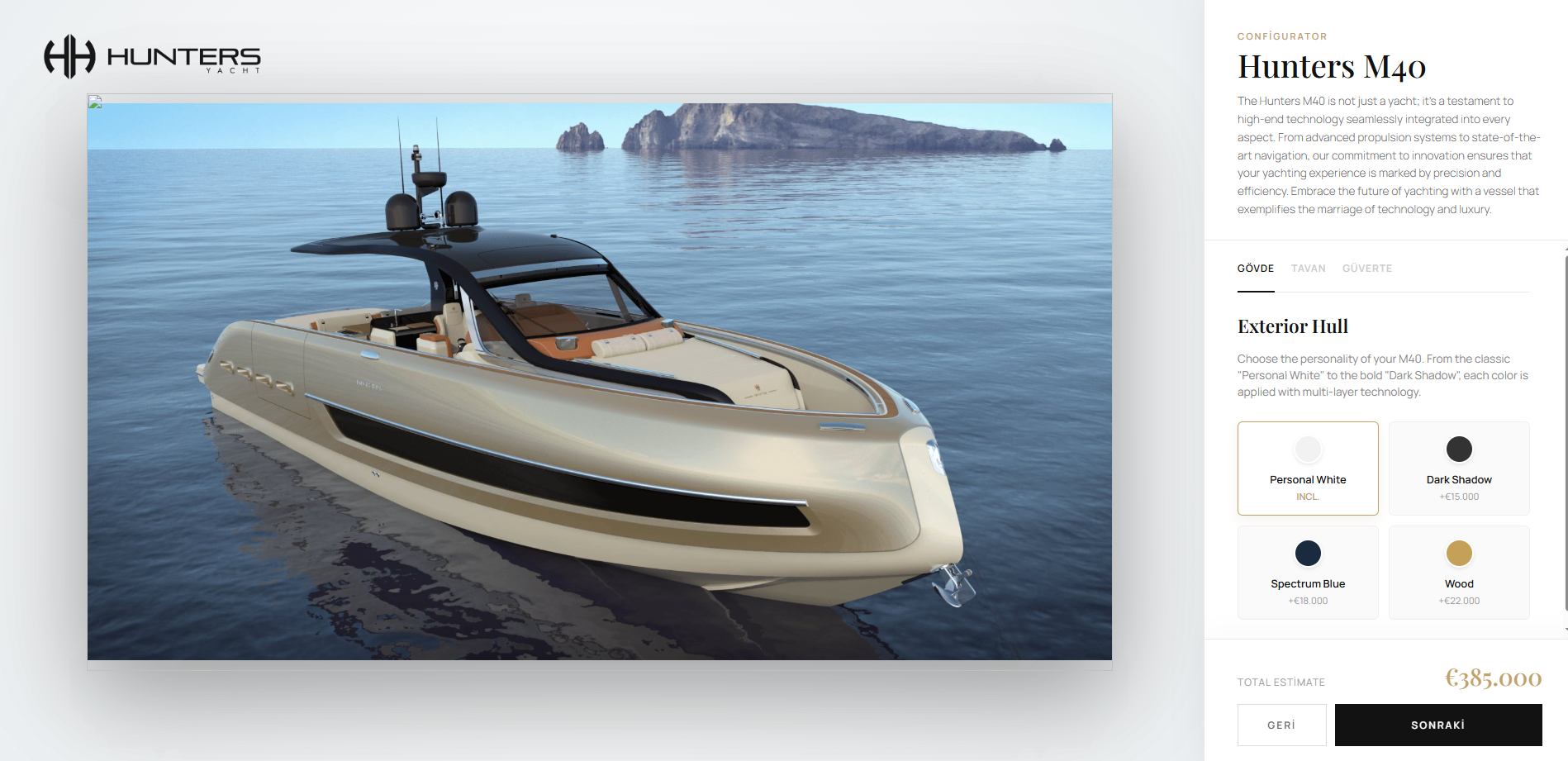Hunters Yacht Configurator Preview